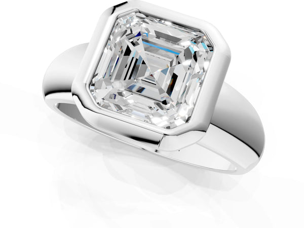 White gold Bezel Set Asscher Solitaire Ring with Wide Band