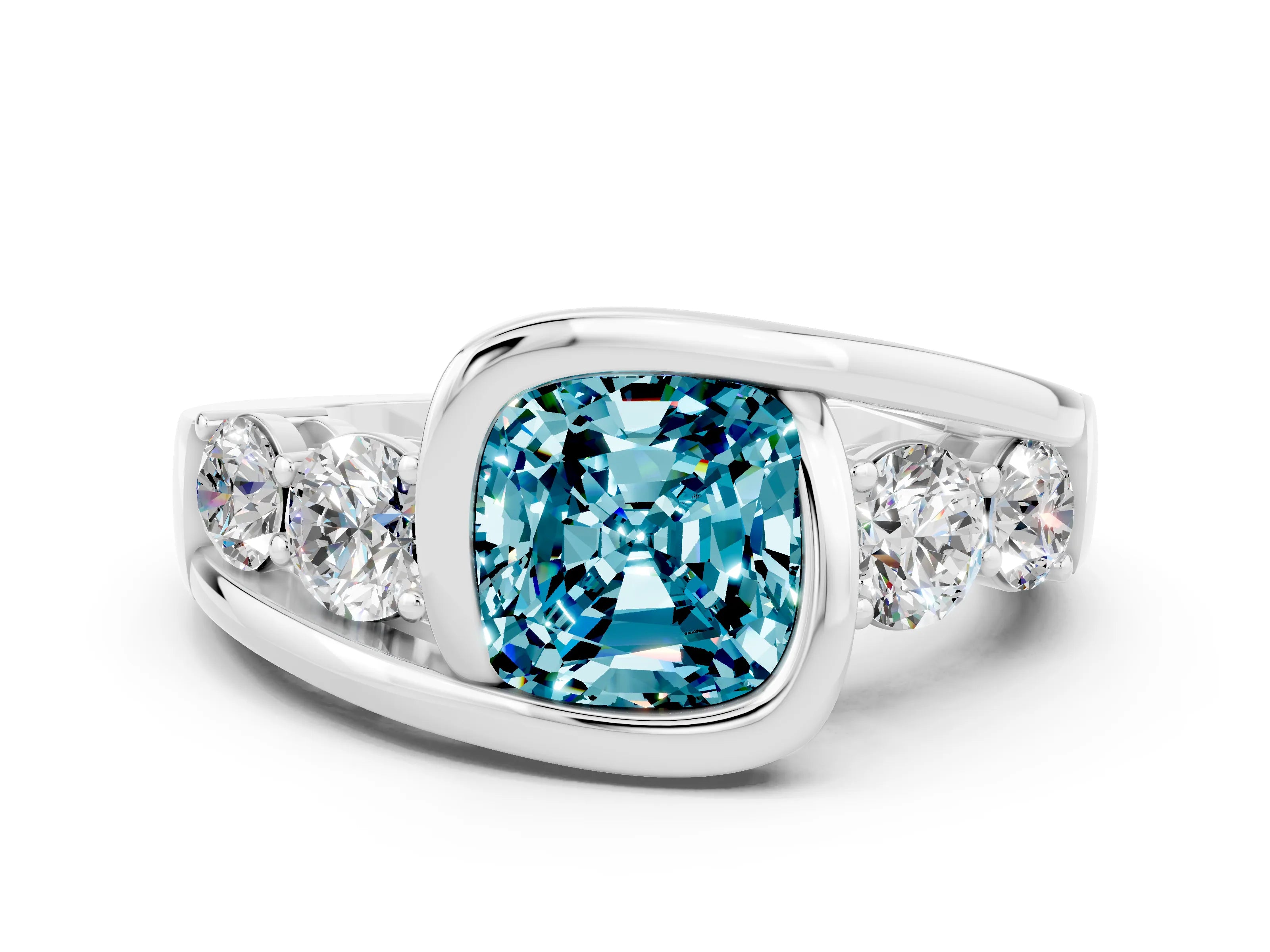 White gold Bezel Set Cushion Cut Diamond Split Shank Ring