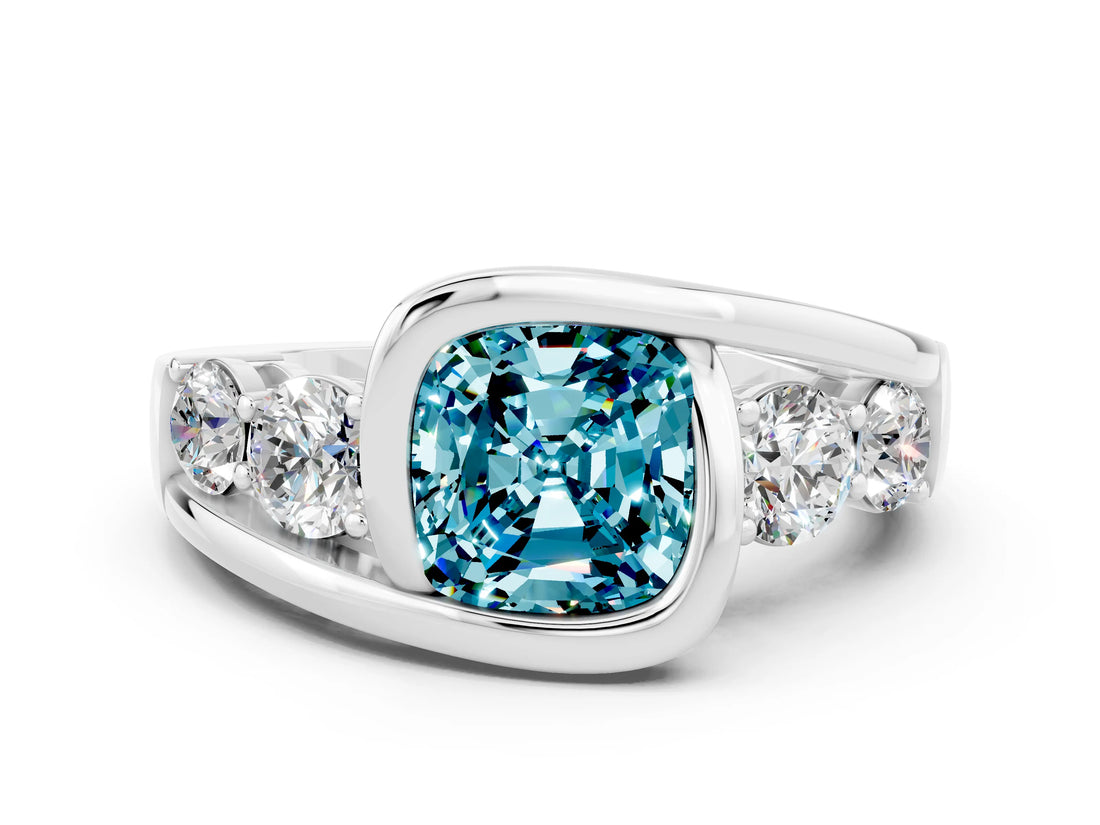 White gold Bezel Set Cushion Cut Diamond Split Shank Ring