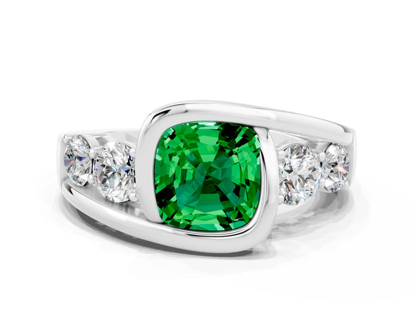 Platinum Bezel Set Cushion Cut Emerald Bypass Ring with Round  Accents