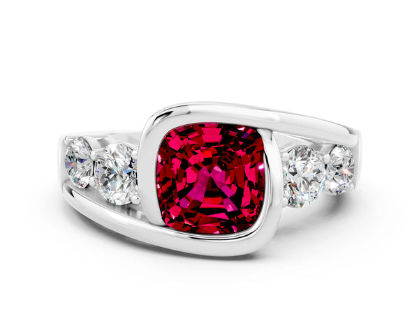 White gold Bezel Set Cushion Cut Garnet Bypass Ring with Round  Accents
