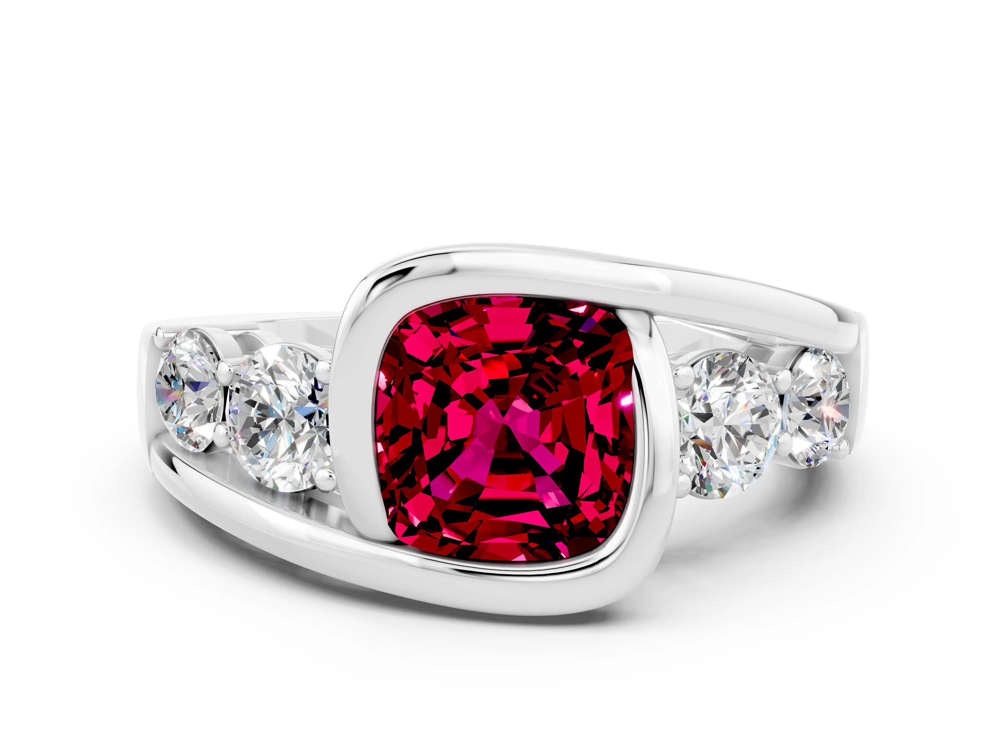 White gold Bezel Set Cushion Cut Diamond Split Shank Ring_12
