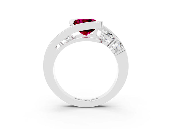 White gold Bezel Set Cushion Cut Garnet Bypass Ring with Round  Accents