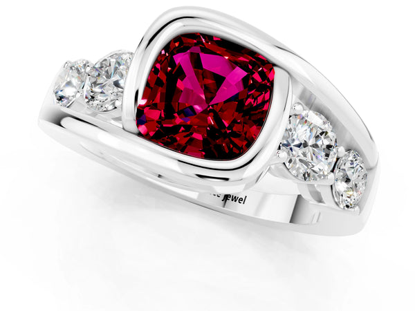 Platinum Bezel Set Cushion Cut Garnet Bypass Ring with Round  Accents