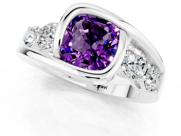 Silver Bezel Set Cushion Cut Amethyst Bypass Ring with Round  Accents