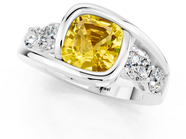 Platinum Bezel Set Cushion Cut Yellow Sapphire Bypass Ring with Round  Accents