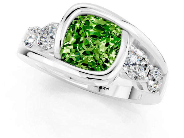 Platinum Bezel Set Cushion Cut Peridot Bypass Ring with Round  Accents