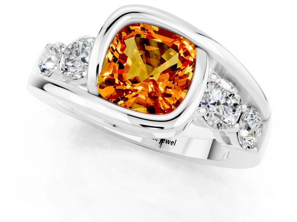 Silver Bezel Set Cushion Cut Citrine Bypass Ring with Round  Accents