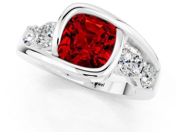White gold Bezel Set Cushion Cut Ruby Bypass Ring with Round  Accents
