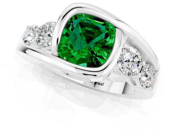 White gold Bezel Set Cushion Cut Emerald Bypass Ring with Round  Accents