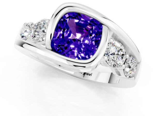 Platinum Bezel Set Cushion Cut Tanzanite Bypass Ring with Round  Accents