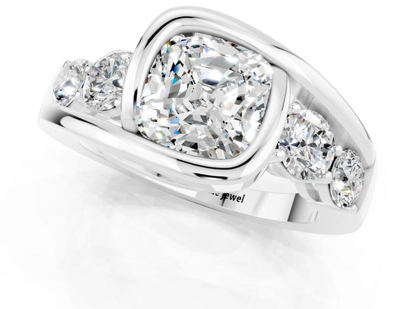 White gold Bezel Set Cushion Cut Moissanite Bypass Ring with Round  Accents