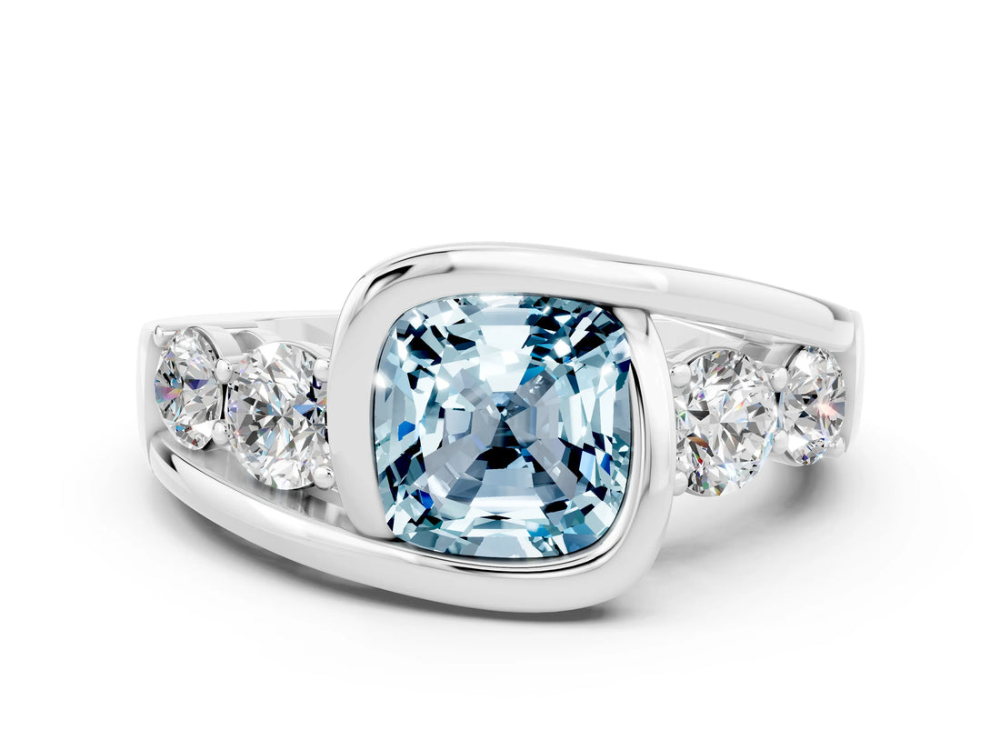White gold Bezel Set Cushion Cut Diamond Split Shank Ring