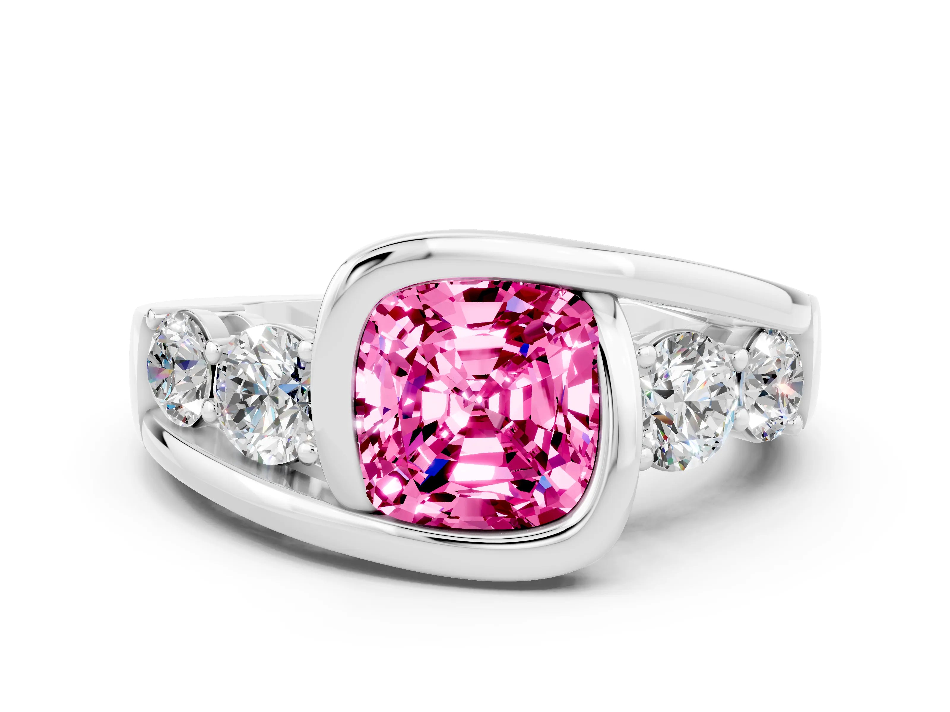 White gold Bezel Set Cushion Cut Diamond Split Shank Ring