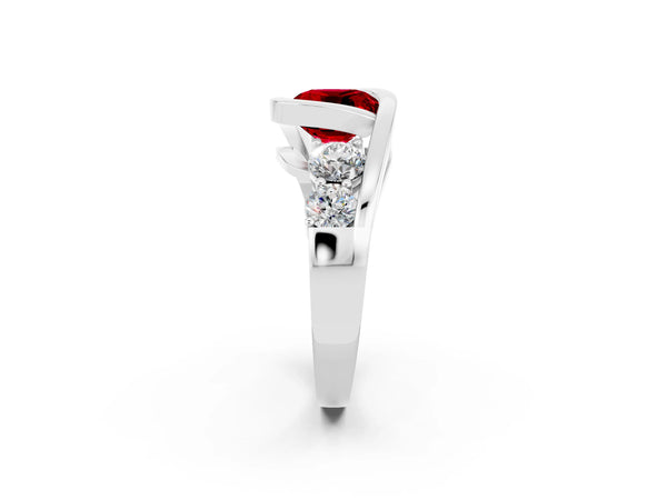 Silver Bezel Set Cushion Cut Ruby Bypass Ring with Round  Accents