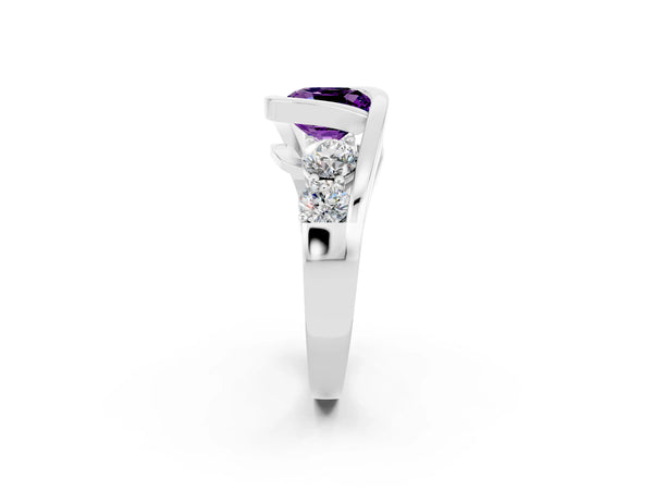 Silver Bezel Set Cushion Cut Amethyst Bypass Ring with Round  Accents