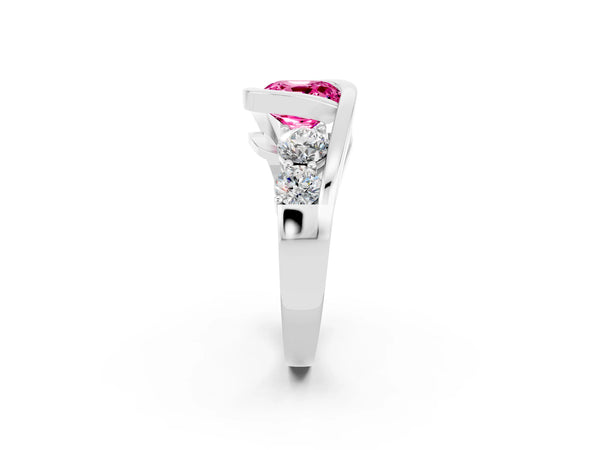 Platinum Cushion Cut Lab-Grown Pink Sapphire Bezel Bypass Engagement Ring with Side Stones
