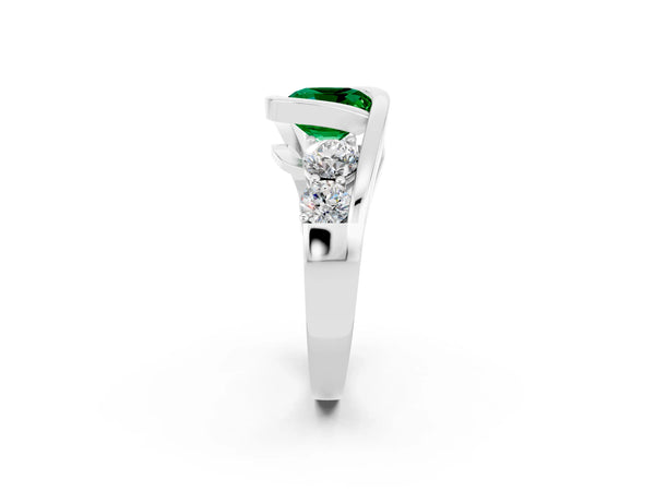 White gold Bezel Set Cushion Cut Emerald Bypass Ring with Round  Accents
