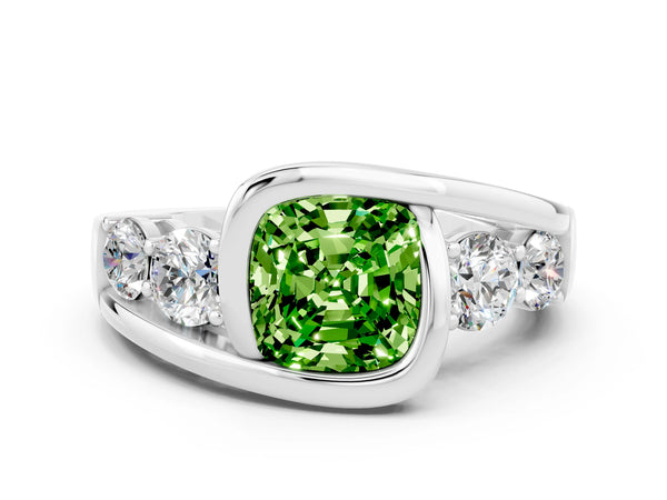 Platinum Bezel Set Cushion Cut Peridot Bypass Ring with Round  Accents