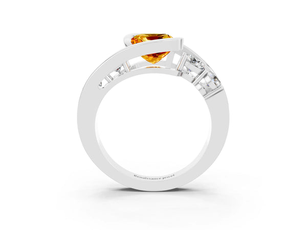 Platinum Bezel Set Cushion Cut Citrine Bypass Ring with Round  Accents