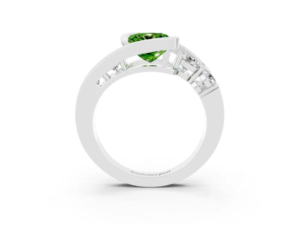 Silver Bezel Set Cushion Cut Peridot Bypass Ring with Round  Accents