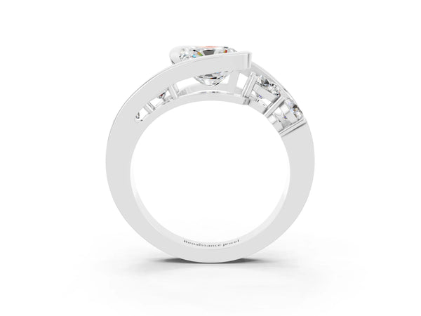 Silver Bezel Set Cushion Cut Moissanite Bypass Ring with Round  Accents