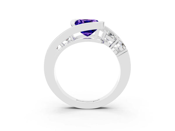 Platinum Bezel Set Cushion Cut Tanzanite Bypass Ring with Round  Accents