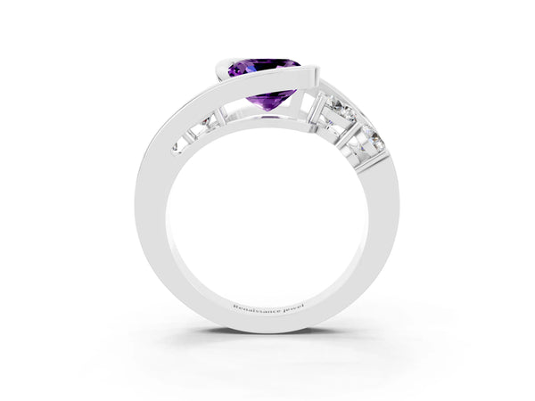 Platinum Bezel Set Cushion Cut Amethyst Bypass Ring with Round  Accents