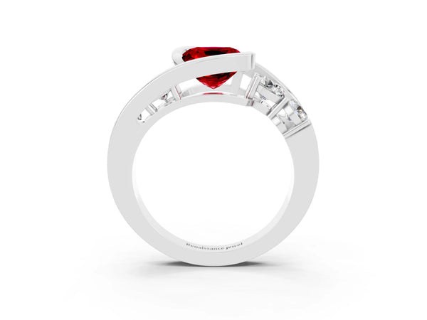 Platinum Bezel Set Cushion Cut Ruby Bypass Ring with Round  Accents