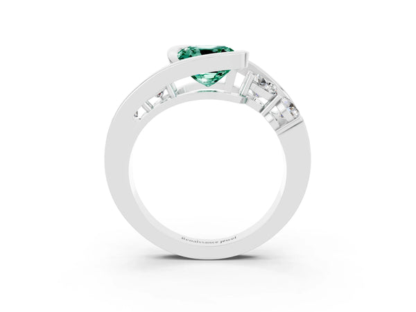 Silver Bezel Set Cushion Cut Green Sapphire Bypass Ring with Round  Accents