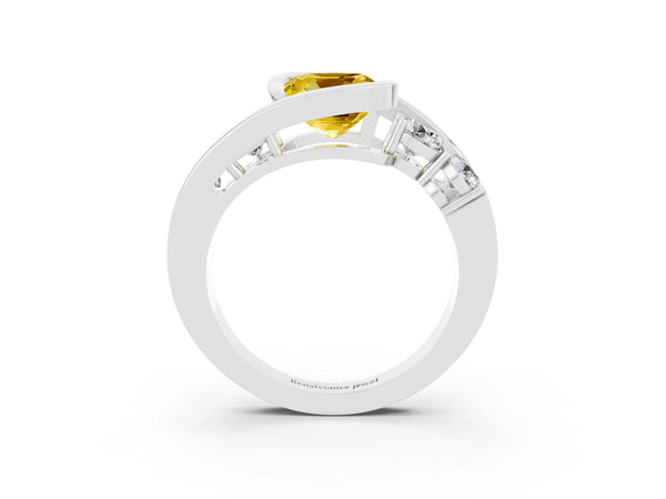 White gold Bezel Set Cushion Cut Yellow Sapphire Bypass Ring with Round  Accents