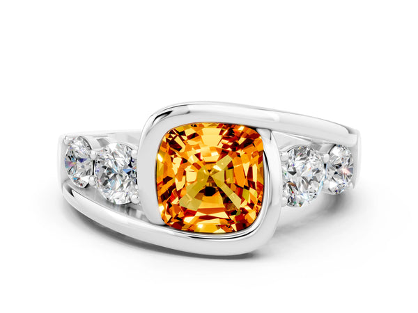 White gold Bezel Set Cushion Cut Citrine Bypass Ring with Round  Accents
