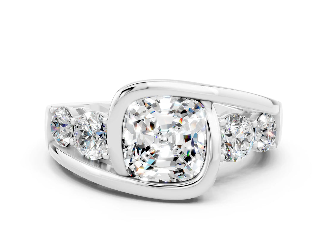 White gold Bezel Set Cushion Cut Diamond Split Shank Ring
