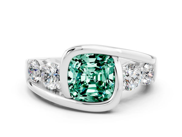 Platinum Bezel Set Cushion Cut Green Sapphire Bypass Ring with Round  Accents