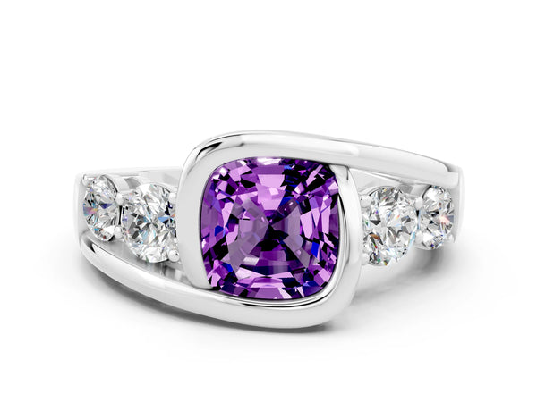 Silver Bezel Set Cushion Cut Amethyst Bypass Ring with Round  Accents