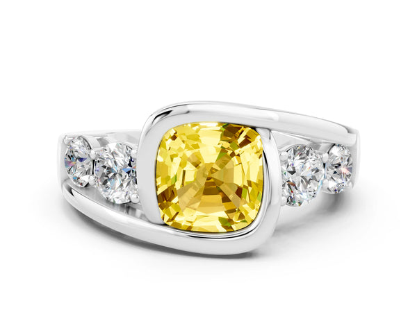 Silver Bezel Set Cushion Cut Yellow Sapphire Bypass Ring with Round  Accents
