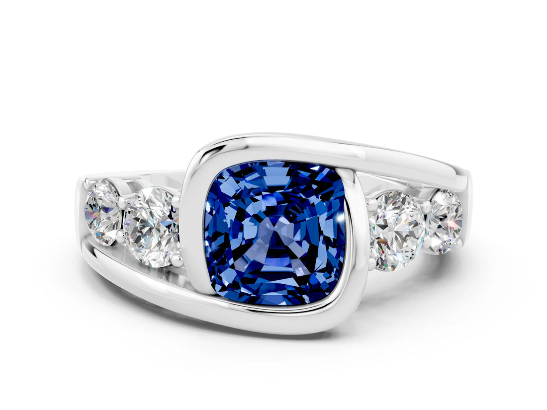 White gold Bezel Set Cushion Cut Diamond Split Shank Ring