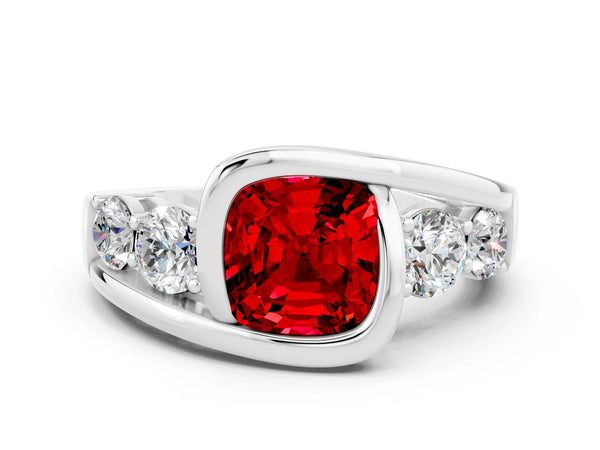 White gold Bezel Set Cushion Cut Ruby Bypass Ring with Round  Accents