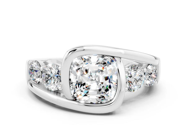 White gold Bezel Set Cushion Cut Moissanite Bypass Ring with Round  Accents