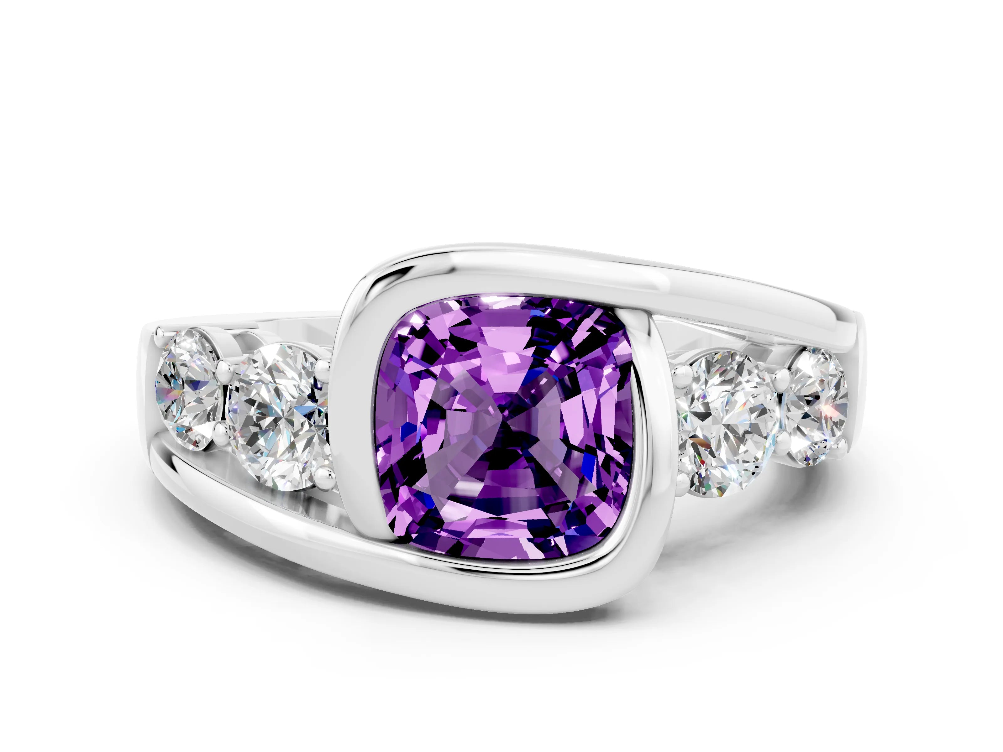 White gold Bezel Set Cushion Cut Diamond Split Shank Ring