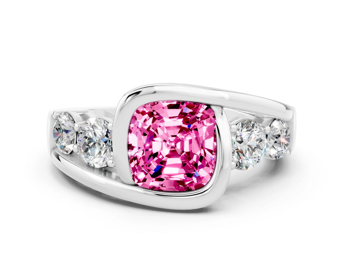 White gold Bezel Set Cushion Cut Diamond Split Shank Ring