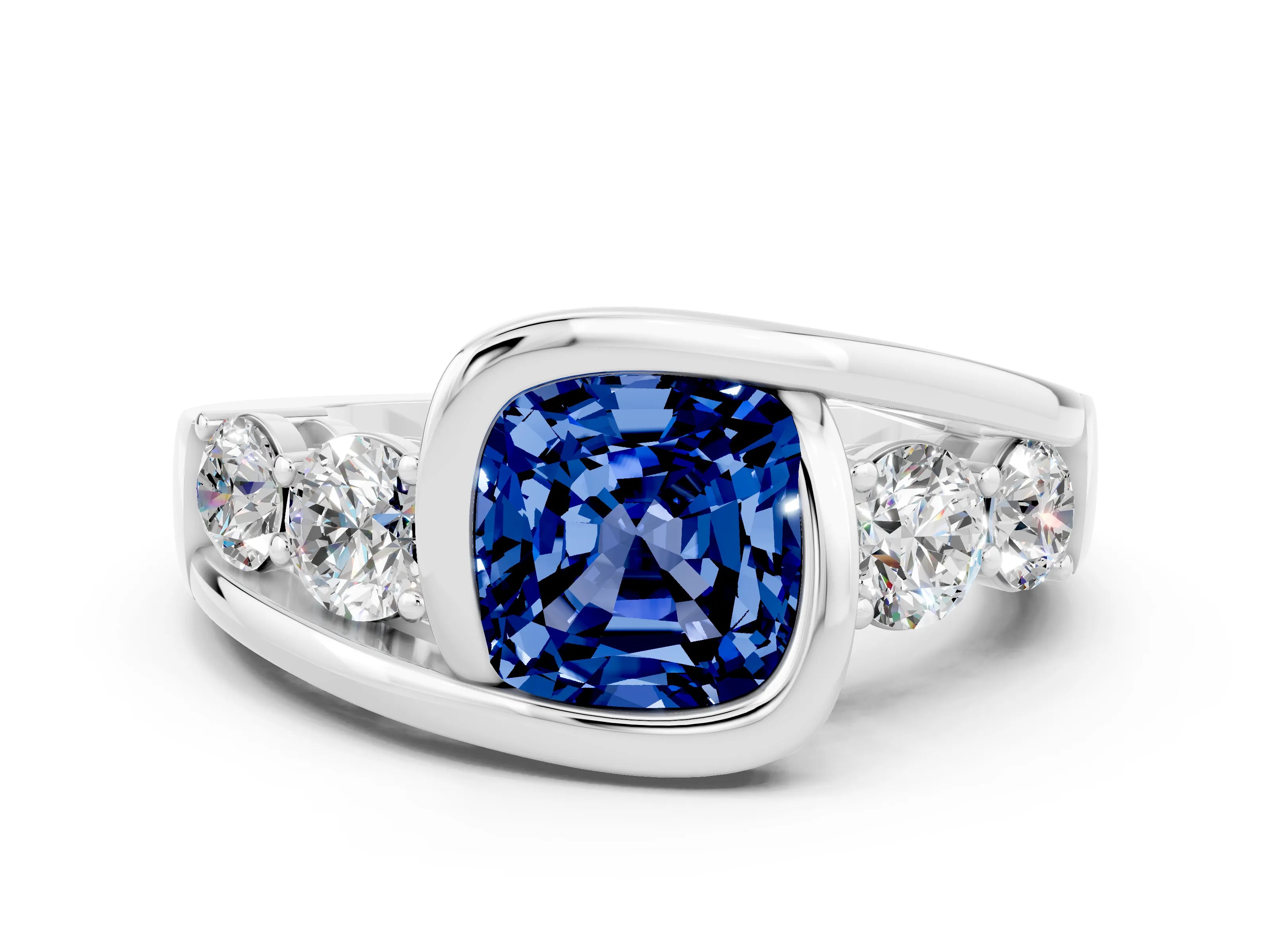 White gold Bezel Set Cushion Cut Diamond Split Shank Ring