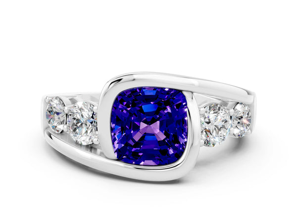 Platinum Bezel Set Cushion Cut Tanzanite Bypass Ring with Round  Accents
