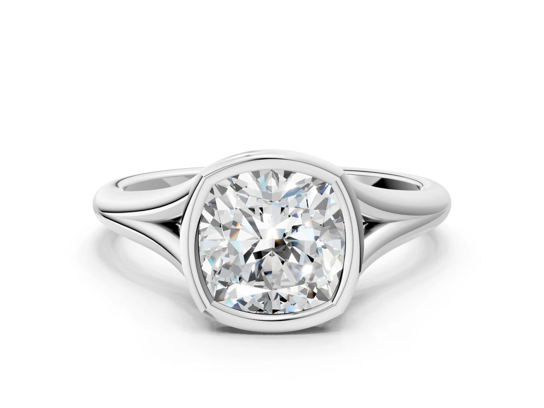 White gold Bezel Set Cushion Cut Solitaire Ring with Tapered Band