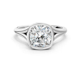 White gold Bezel Set Cushion Cut Solitaire Ring with Tapered Band