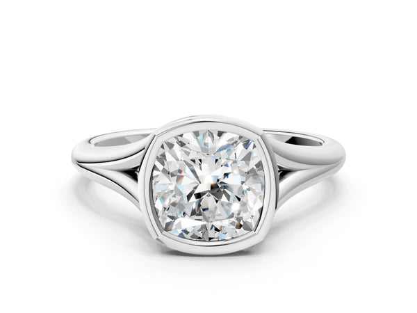 White gold Bezel Set Cushion Cut Solitaire Ring with Tapered Band