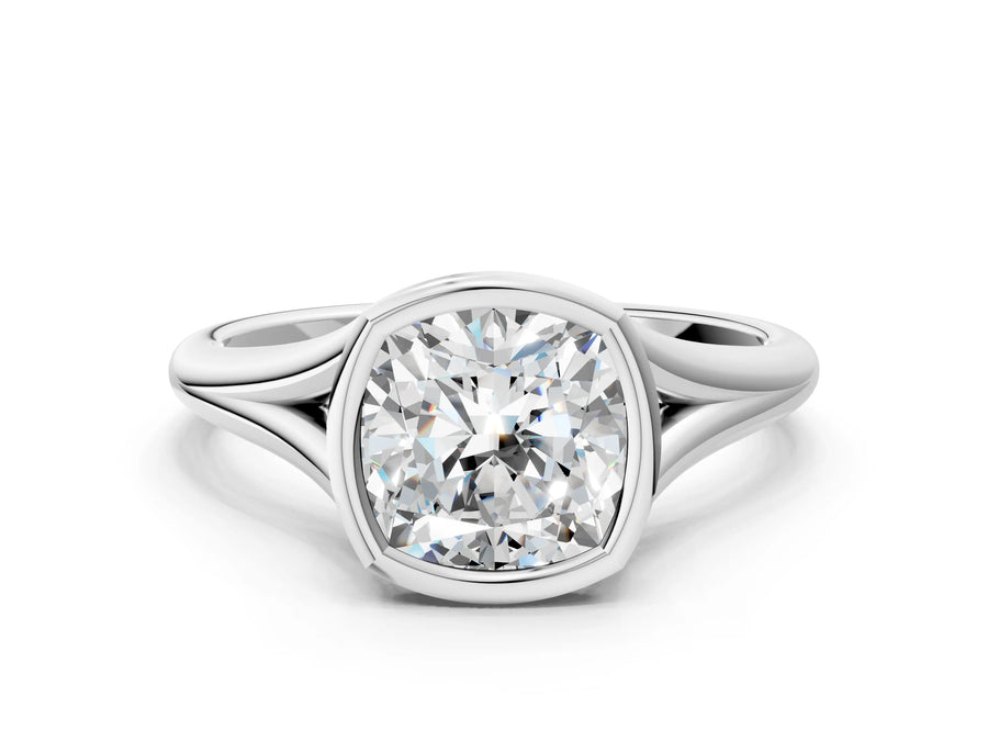 White gold Bezel Set Cushion Cut Solitaire Ring with Tapered Band