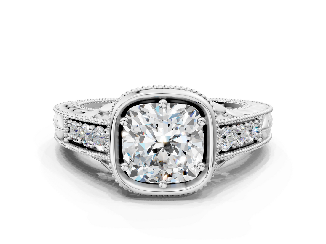 White gold Bezel Set Cushion Diamond Milgrain Pave Engagement Ring_43
