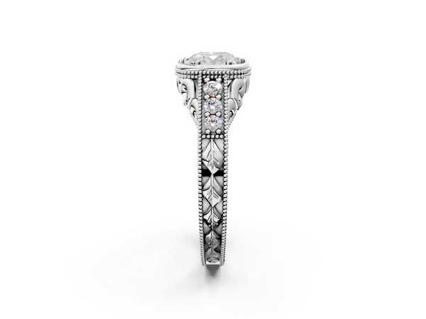 White Gold Cushion Cut Vintage Bezel Solitaire Engagement Ring Setting with Milgrain Pave Band