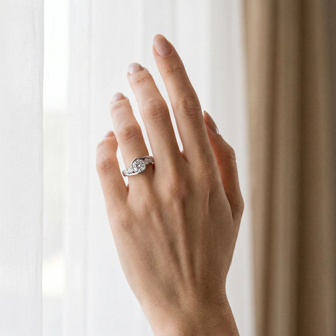 White gold Bezel Set Cushion Diamond Split Shank Ring_3